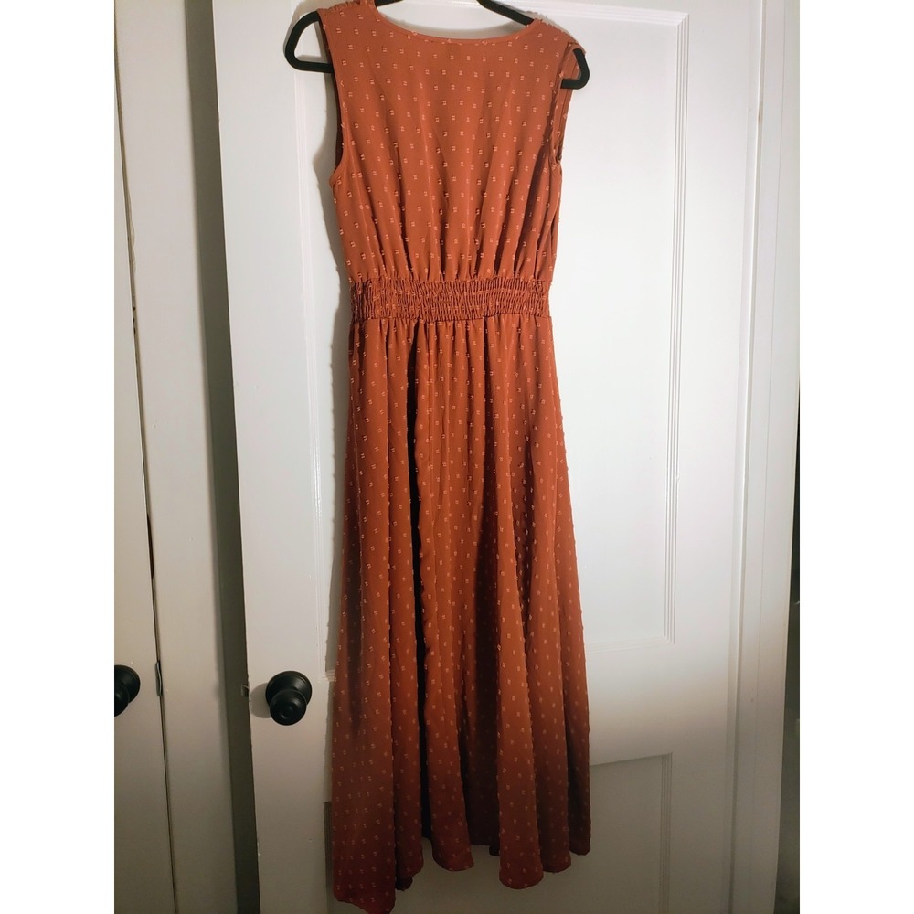 SHEIN Medium Rust Swiss Dot Maxi Dress Smocked Waist Boho Sleeveless